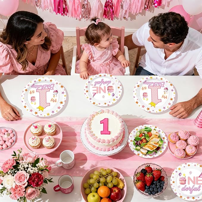 96 Pcs Pink First Birthday Party Decorations Sweet One Happy 1st