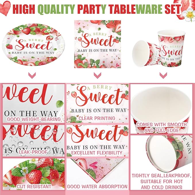 200 Pcs Strawberry Baby Shower Paper Plates Napkins Cups Baby Shower