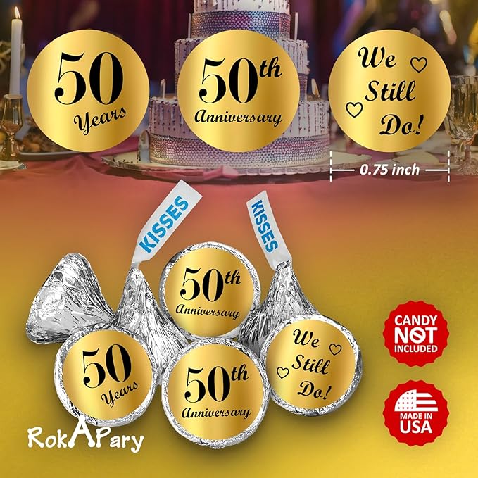 Gold Foil 50th Anniversary Kisses Stickers, (Set of 216) Chocolate