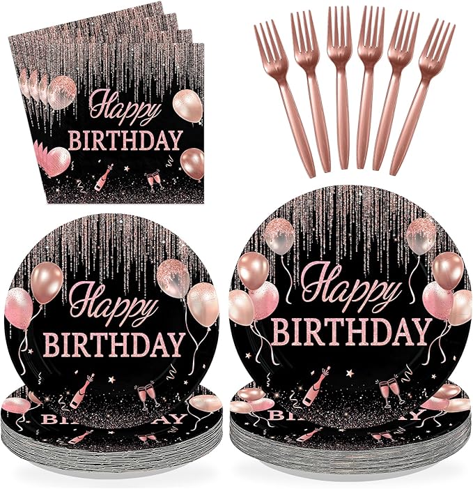 96 Pcs Rose Gold Birthday Decorations for Women Pink and Black