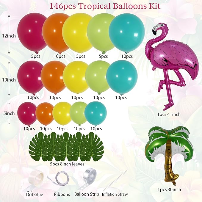 146Pcs Tropical Aloha Balloon Arch Garland Kit with Flamingo Palm