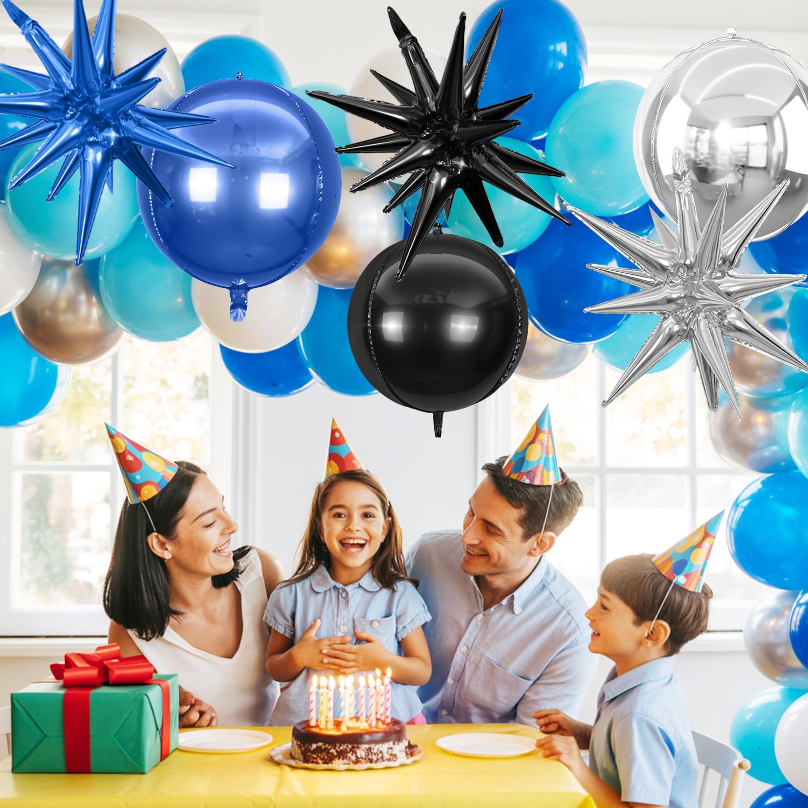 6Pcs Black Blue Silver Foil Balloons,22Inch Black Blue 4D Round Ball