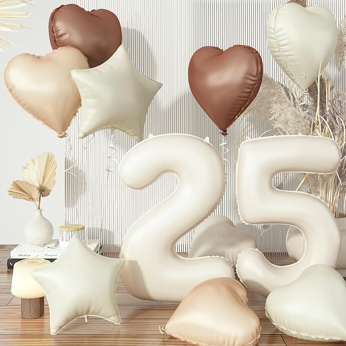 25th Birthday Balloons Set, Nude Brown Sand White Neutral Heart