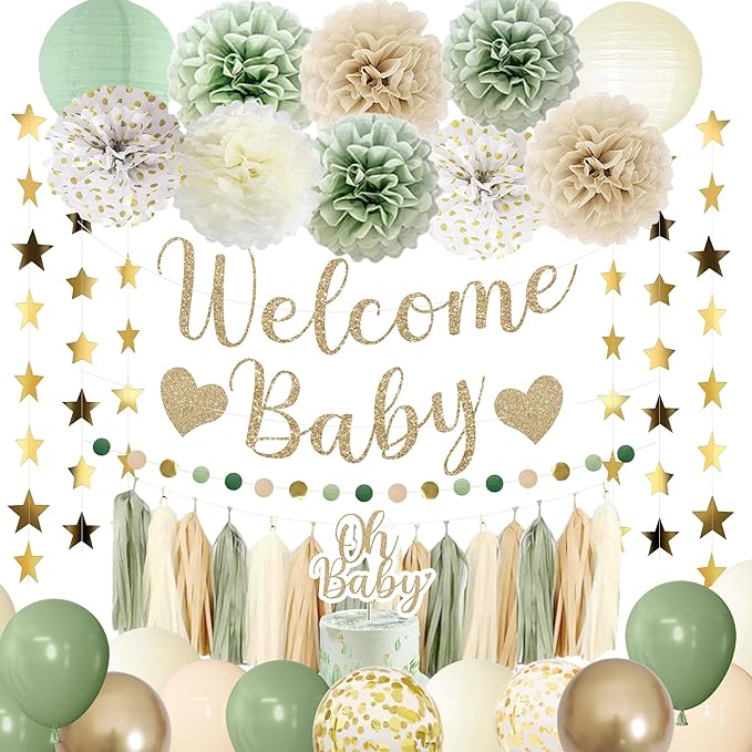 Amandir Baby Shower Decorations Sage Green Balloons Welcome Baby