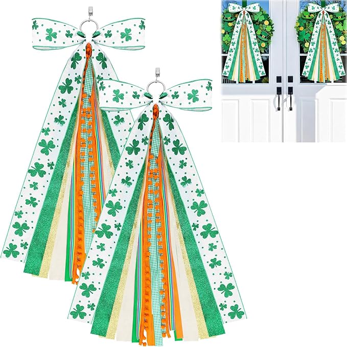2 Pcs St Patricks Day Clover Ribbon Bow for Wreath Large Clover