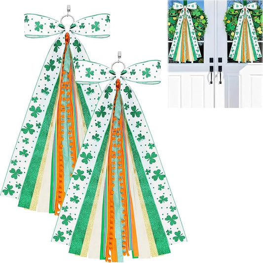 2 Pcs St Patricks Day Clover Ribbon Bow for Wreath Large Clover