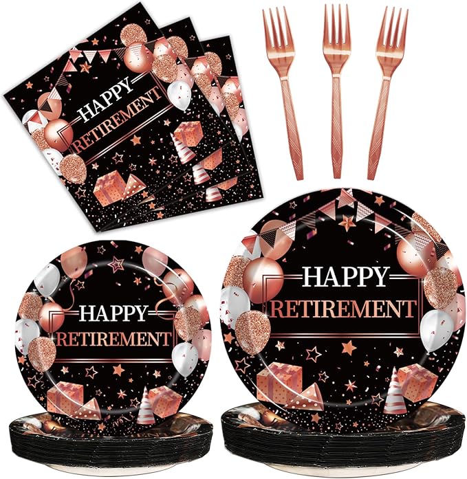 96 Pcs Retirement Party Plates and Napkins Set Rose Gold Happy