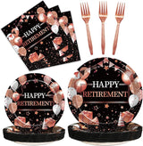 96 Pcs Retirement Party Plates and Napkins Set Rose Gold Happy