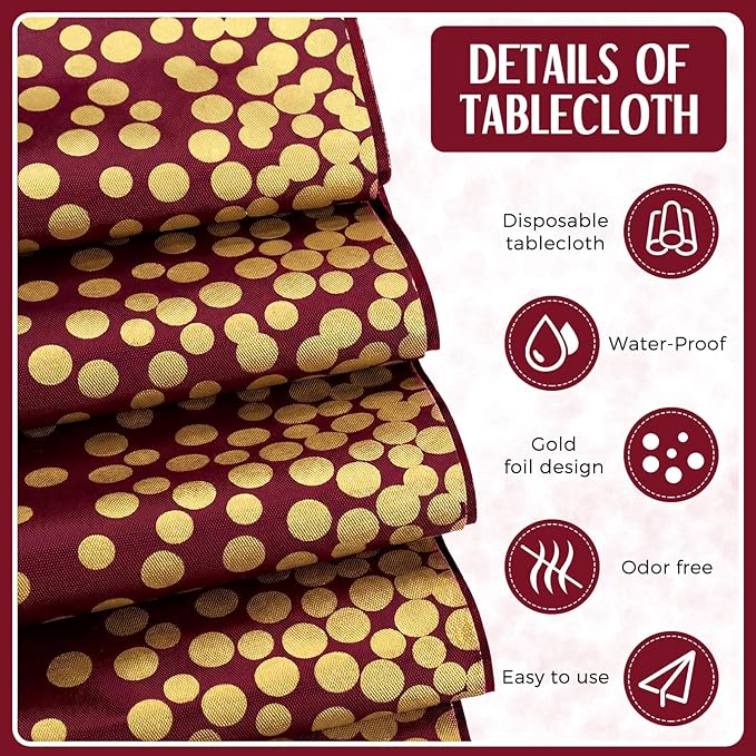 Breling 8 Pack Burgundy and Gold Disposable Plastic Tablecloths and