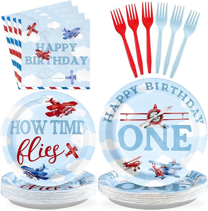 96Pcs Airplane 1st Birthday Decorations for Boys Red & Blue Airplane