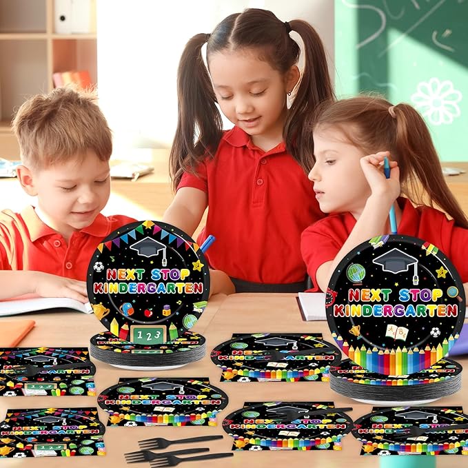 96Pcs Preschool Graduation Plates and Napkins Next Stop Kindergarten