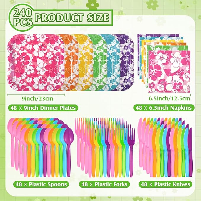240 Pcs Hibiscus Party Square Plates and Napkins Hawaiian Theme