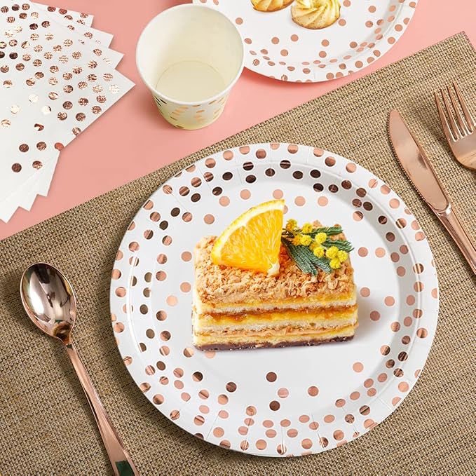 HOMIX 175 Pieces Rose Gold Party Supplies - Rose Gold Dot on White