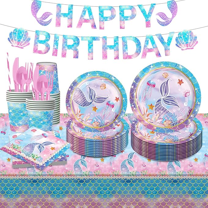Mermaid Birthday Decorations Disposable Tableware Plates for Baby