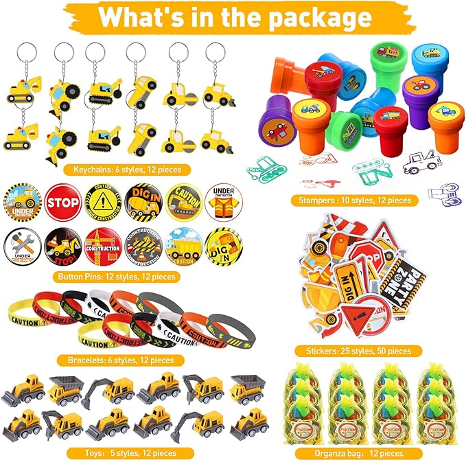 244 Pcs Construction Birthday Party Favors Set for 24 Guests Include