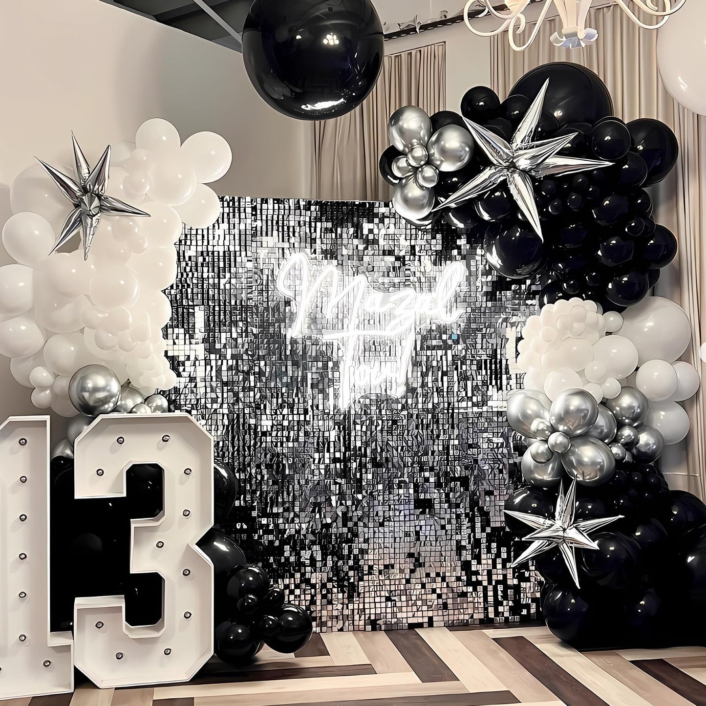 Black Silver Balloon Arch Kit 138Pcs Black White Metallic Silver
