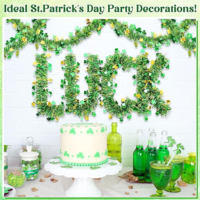 52 Feet St Patrick's Day Tinsel Garland Shamrock Glitter Metallic