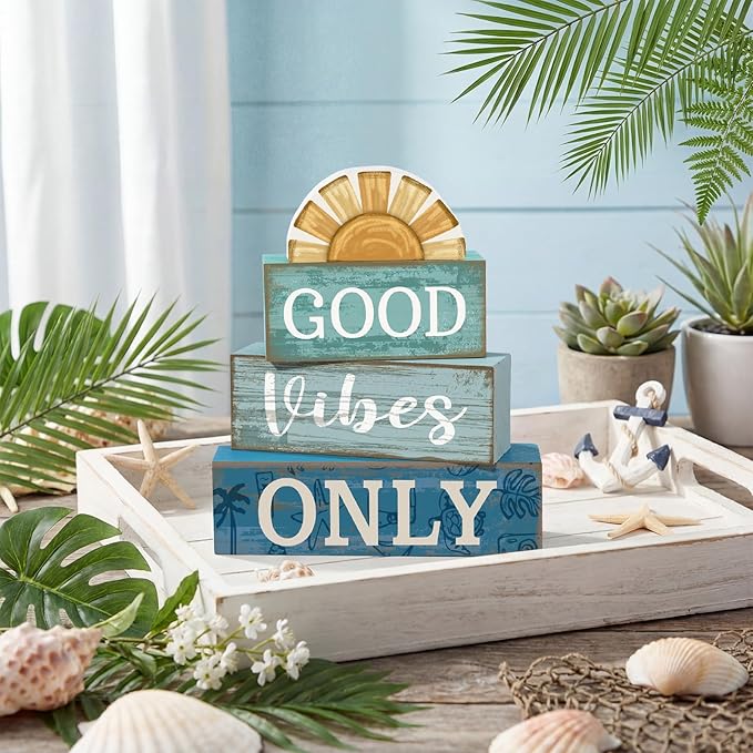 4 Pcs Beach Themed Table Decor Good Vibes Only Wood Block Sign
