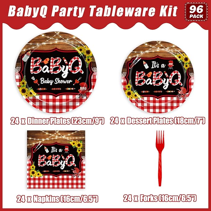 96 Pcs BBQ Baby Shower Decorations It's A BabyQ Party Plates and