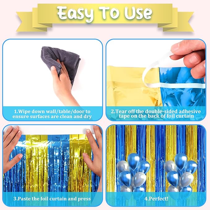 Voircoloria 3 Pack 3.3 x 8.2 ft Blue Gold Foil Fringe Backdrop