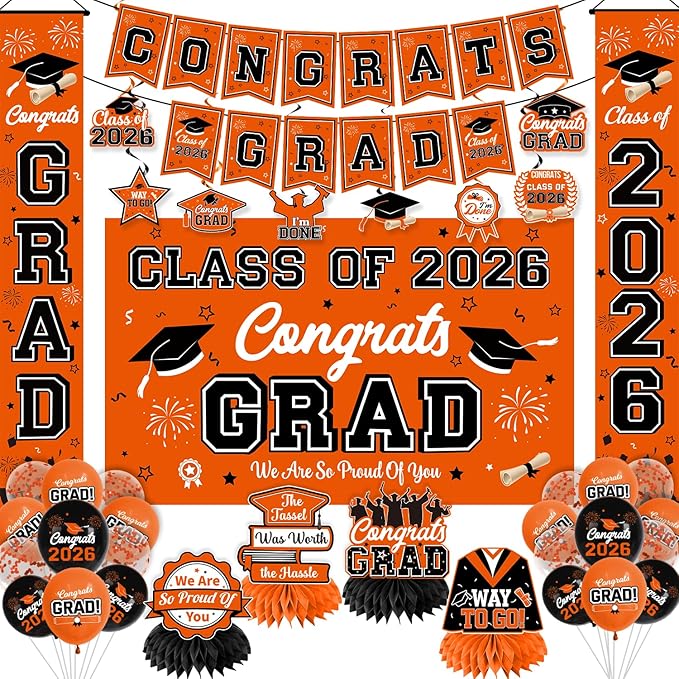 Graduation Decorations 2026 Orange Graduation Party Decor Set include