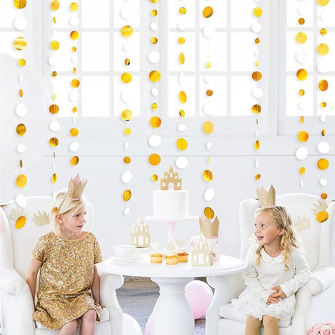 46 Feet White and Gold Circle Dots Garland Hanging Paper Polka Dots