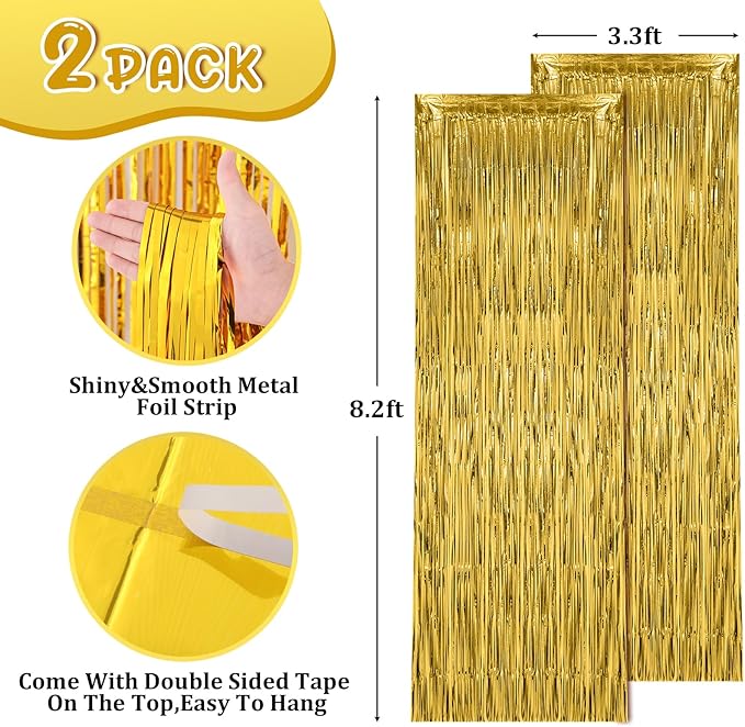 Voircoloria 2 Pack Gold Foil Fringe Backdrop Curtains, Tinsel