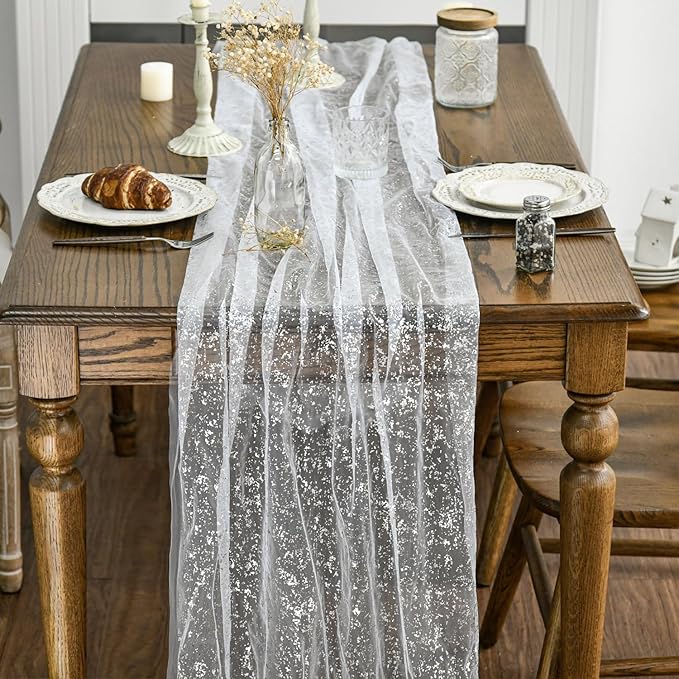 Artoid Mode White Silver Gauze Table Runner 120 Inch 10Pcs, Glitter