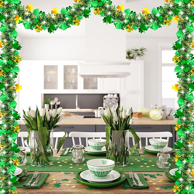 50FT St Patrick's Day Tinsel Garland Green Gold Shamrock Hat Tinsel