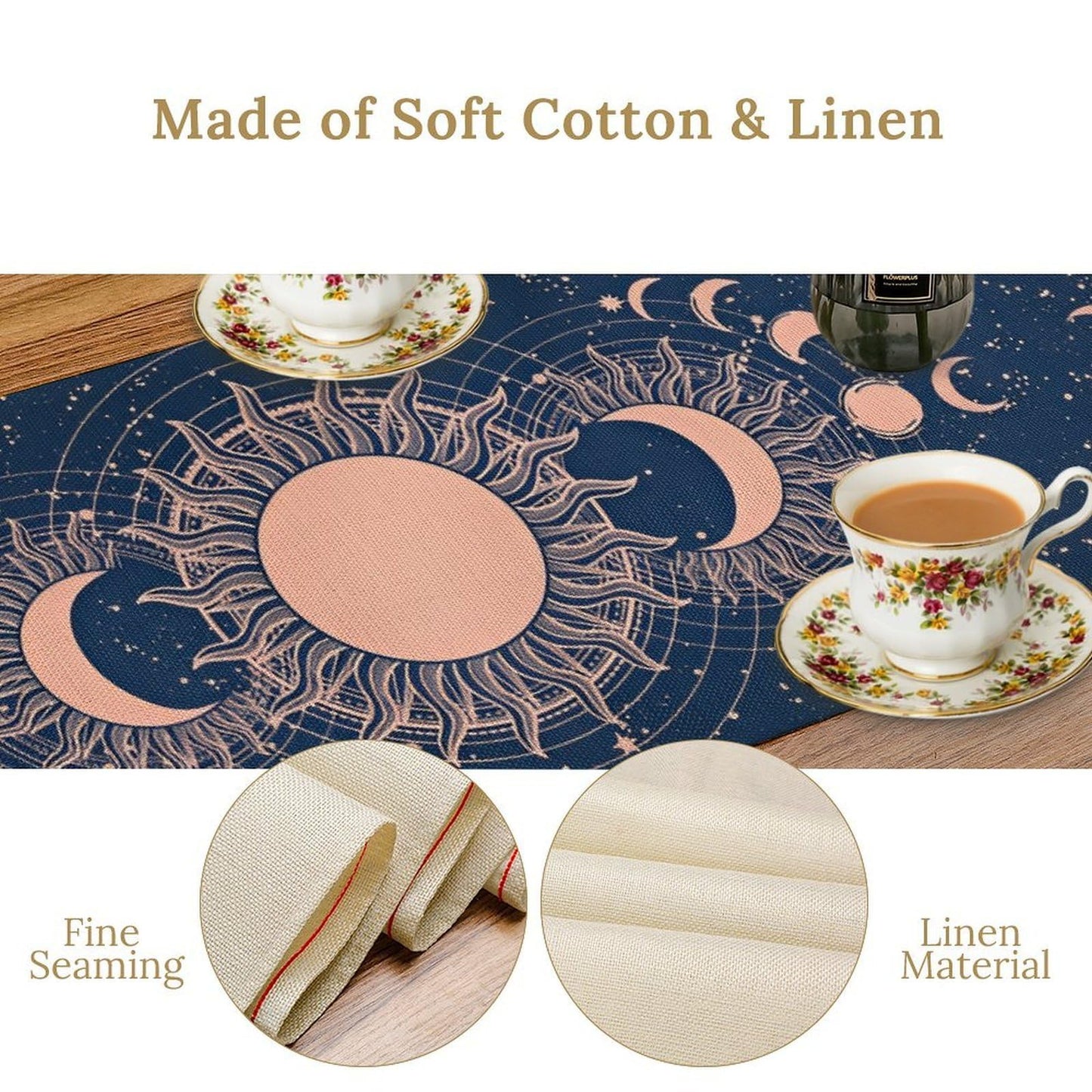 Moon Sun Table Runner, Mystical Blue Space Galaxy W13"x L60" Moon Sun