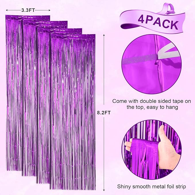 Voircoloria 4 Pack Purple Foil Fringe Backdrop Curtains, Tinsel