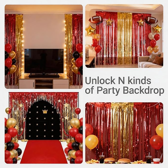 3 Packs Red Gold Foil Fringe Curtains Extra Wide 9.9ft for Birthday