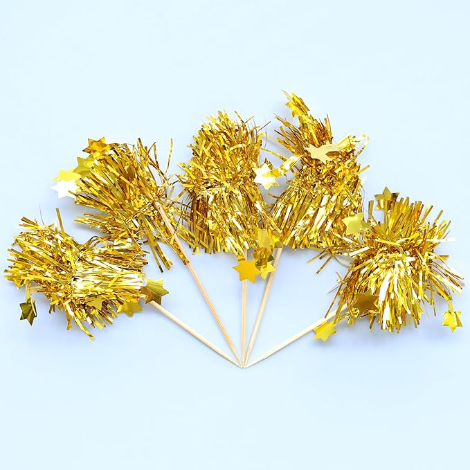 Gyufise 30Pcs Star Foil Firework Cupcake Toppers Sparkle Tinsel Cake