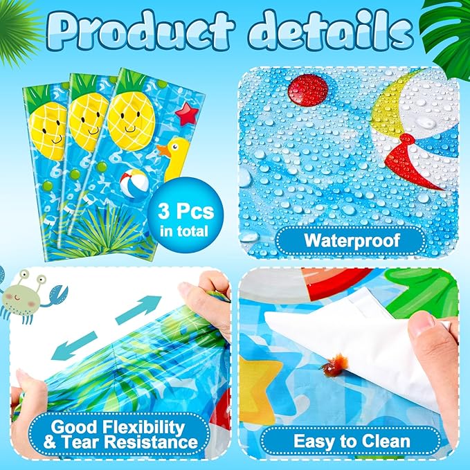 Thyle 3 Pcs Pool Party Tablecloth Plastic Summer Beach Table Cover 54