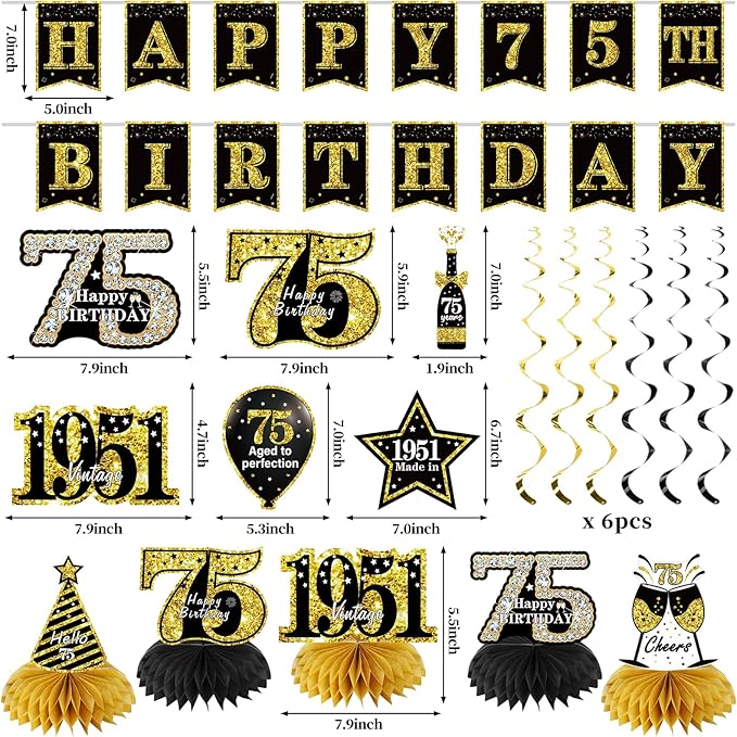 75th Birthday Decorations for Men Women 21pcs the Year 1951 Banner