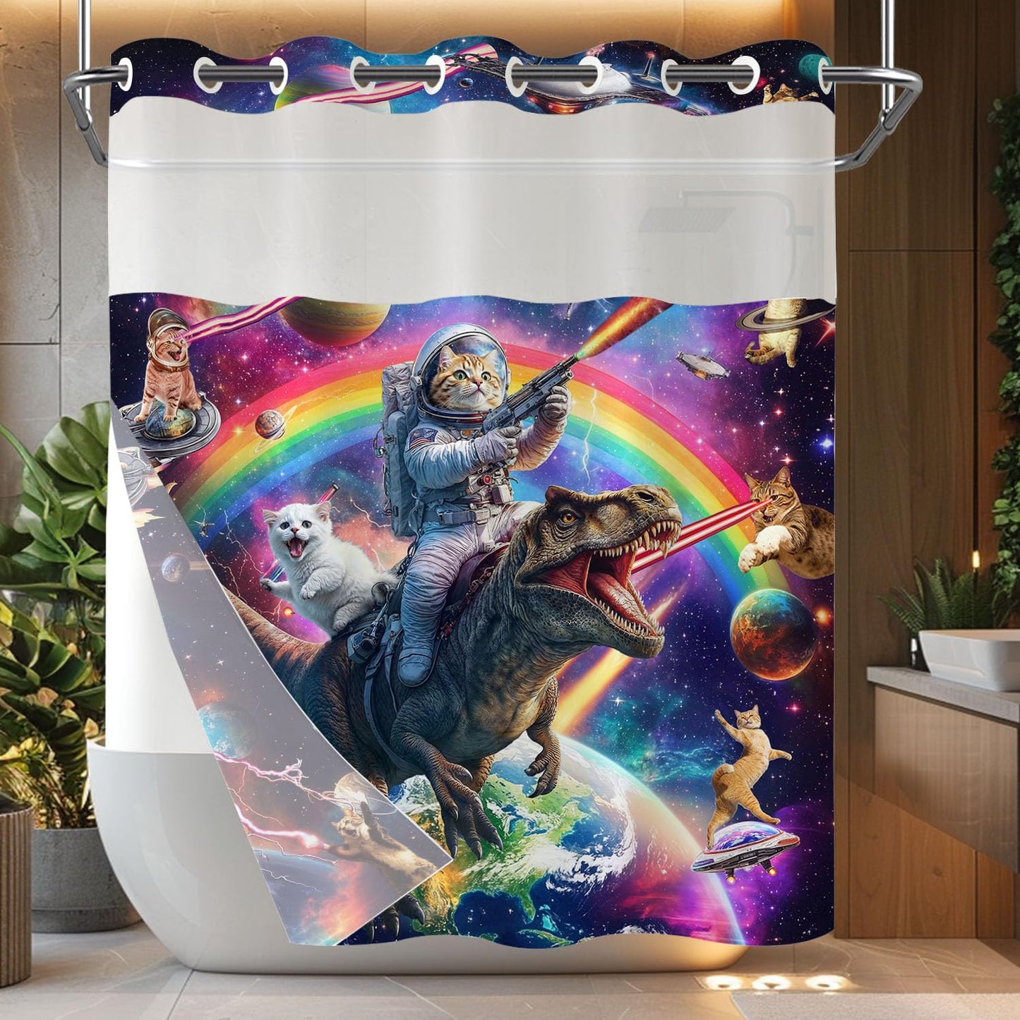 Fowocu No Hook Shower Curtain with Snap in Liner Funny Cat Dinosaur