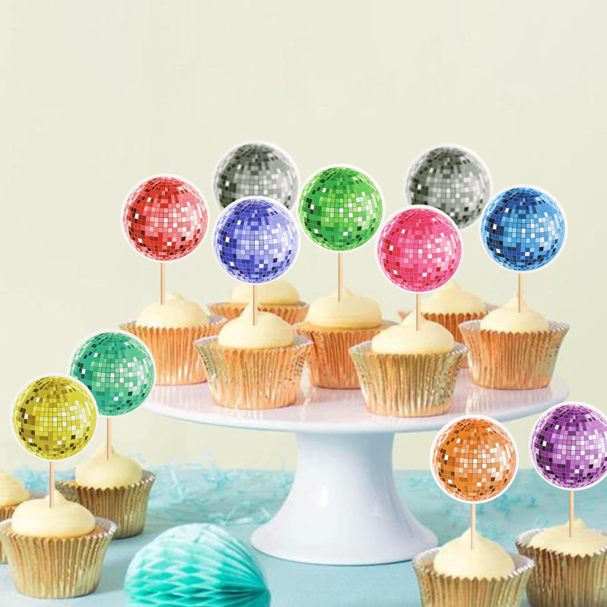 Cyodoos 30Pcs Disco Ball Party Cupcake Toppers 70s 80s Disco Birthday