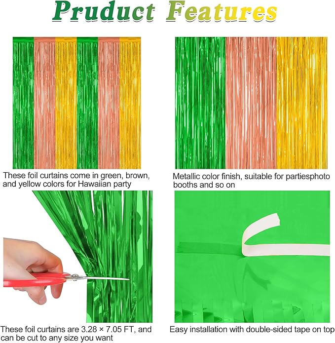 4 Pack Hawaiian Party Decorations, 3.28 FT x 7.05 FT Hawaii Tinsel