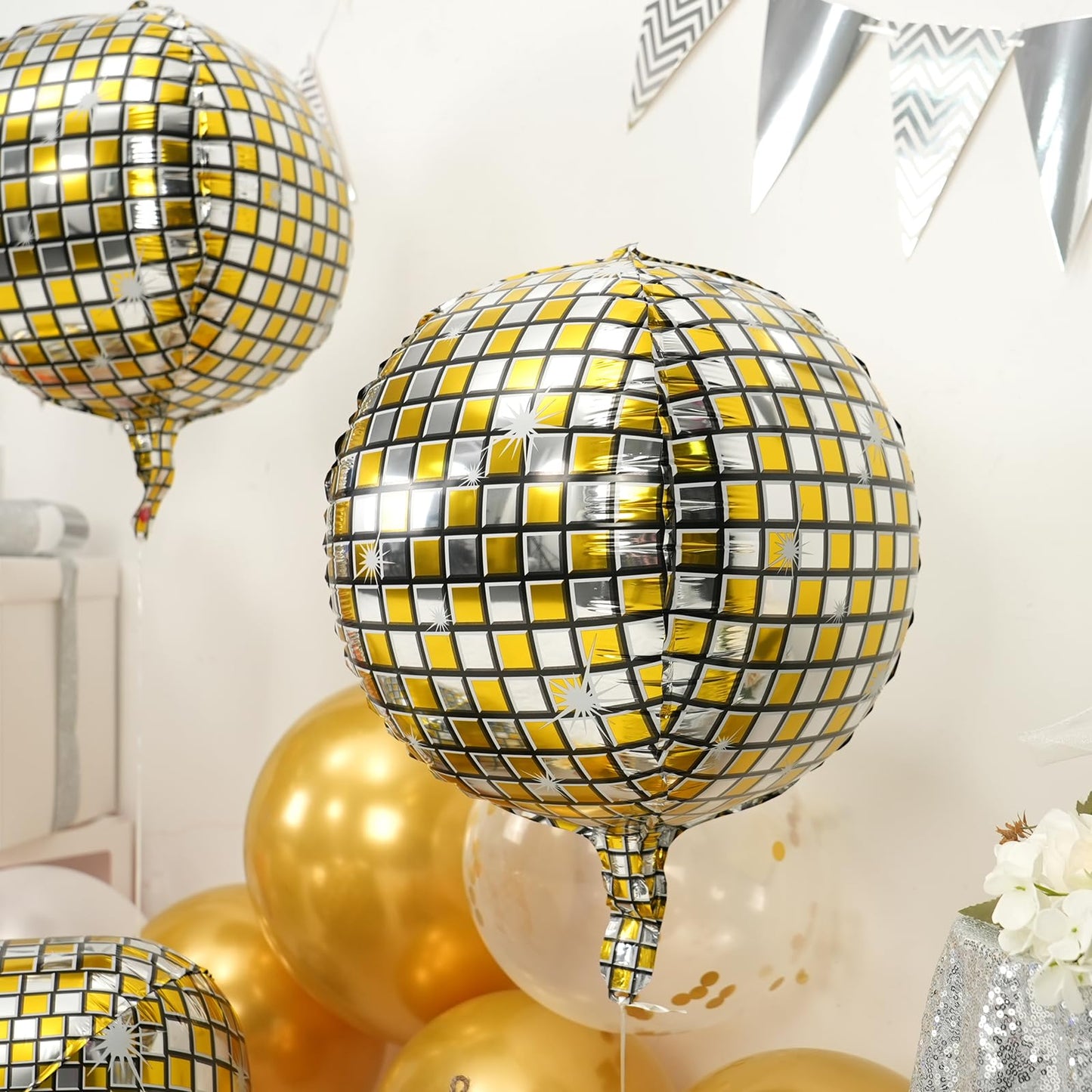Disco Ball Balloons 4PC,Foil Disco Balloons 22 Inch 4D Round Metallic