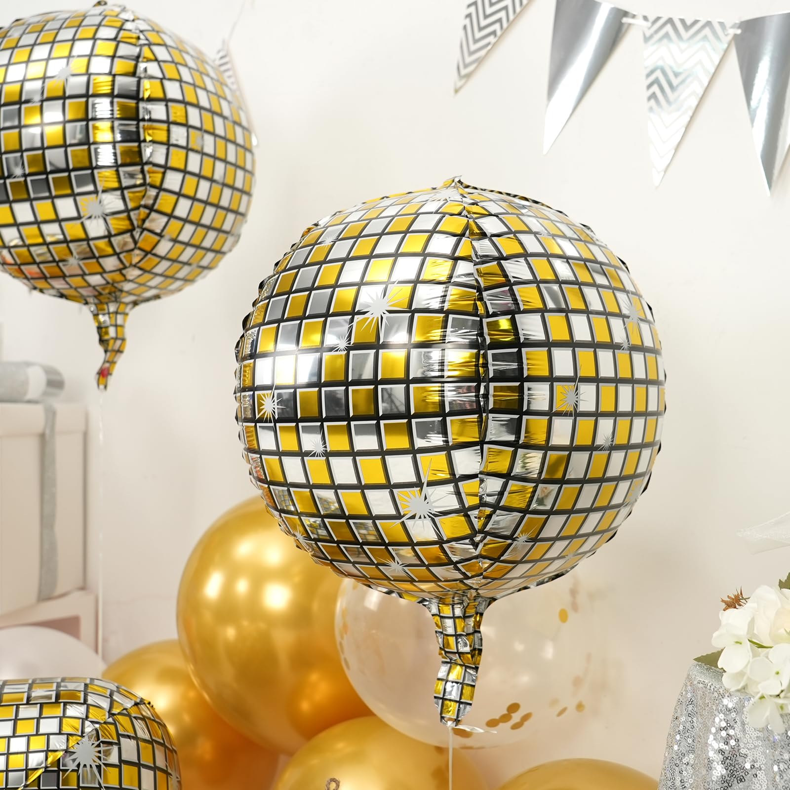 Disco Ball Balloons 4PC,Foil Disco Balloons 22 Inch 4D Round Metallic