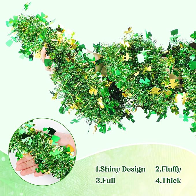 52 Feet St Patrick's Day Tinsel Garland Shamrock Glitter Metallic