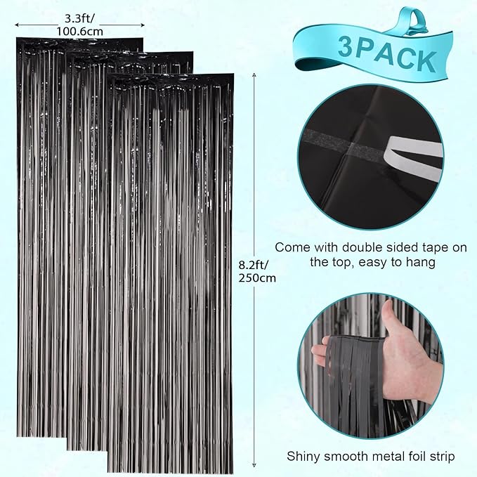 Voircoloria 3 Pack 3.3x8.2 Feet Black Foil Fringe Backdrop Curtains,