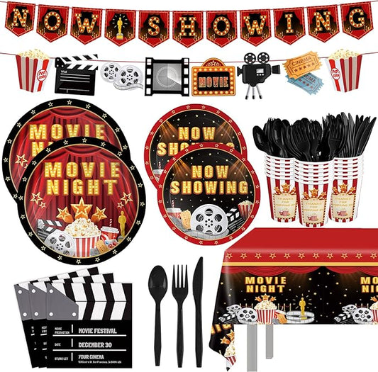 170pcs Movie Night Party Supplies Now Showing Paper Plates Napkins