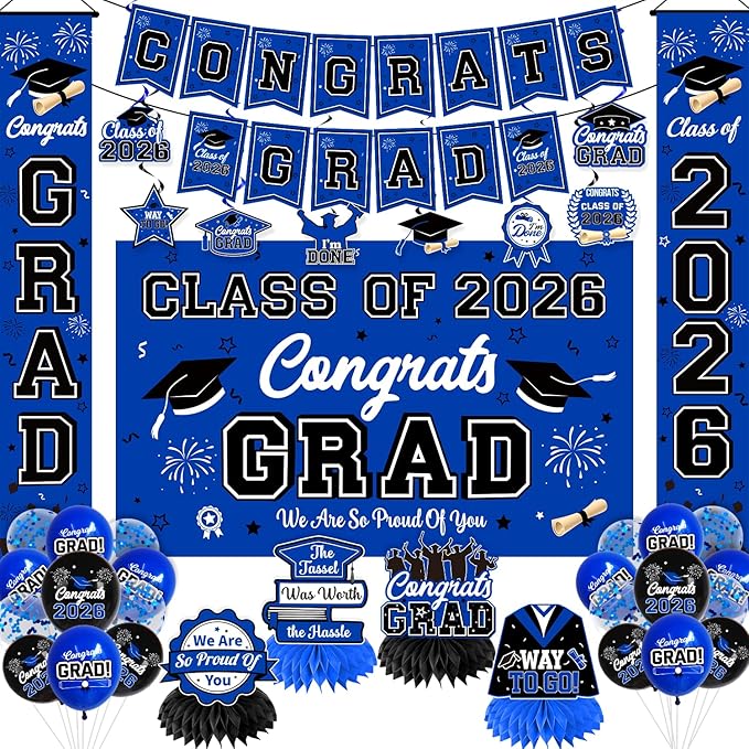 Graduation Decorations Blue Party Decor Set include Congrats Grad