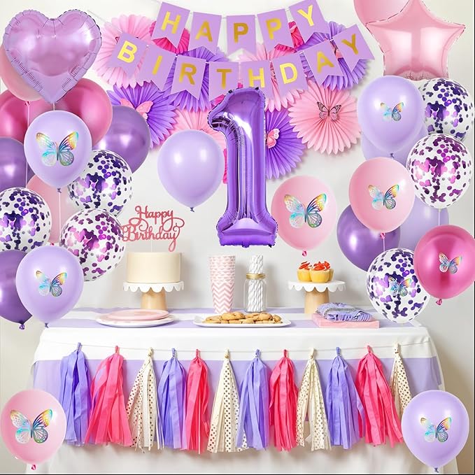 1st Birthday Decoration for Girls,Pink Purple 1st Birthday Balloon