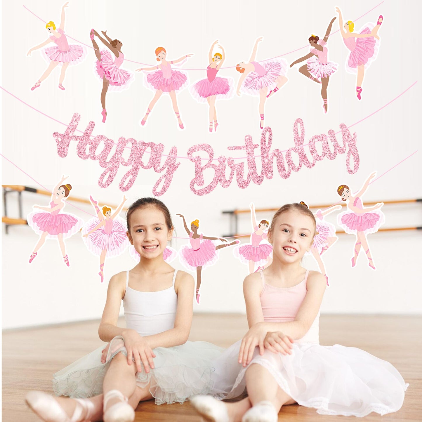 3Pcs Ballet Girls Happy Birthday Banners Glitter Pink Ballerina