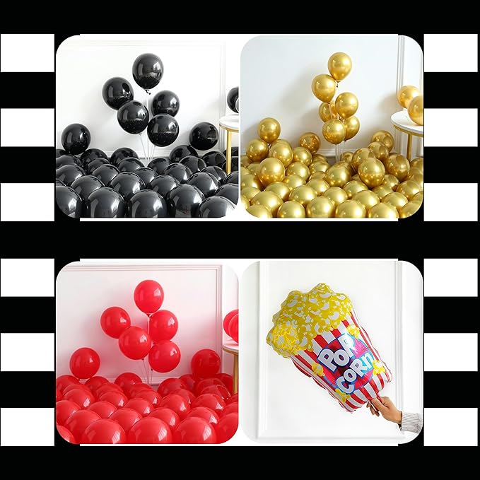 Movie Night Balloon Garland Arch Kit 134pcs Black Red Chrome Gold