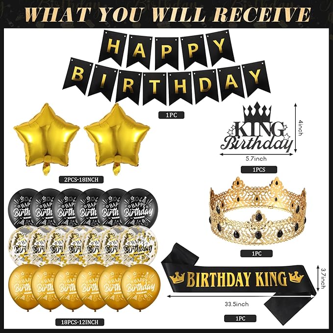 24PCS Black Gold Birthday Decorations - Gold Foil Balloons, Star
