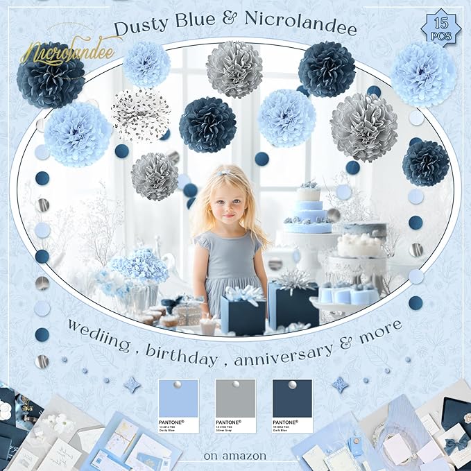 Dusty Blue Wedding Decorations 15 PCS Tissue Pom Poms Paper Garland