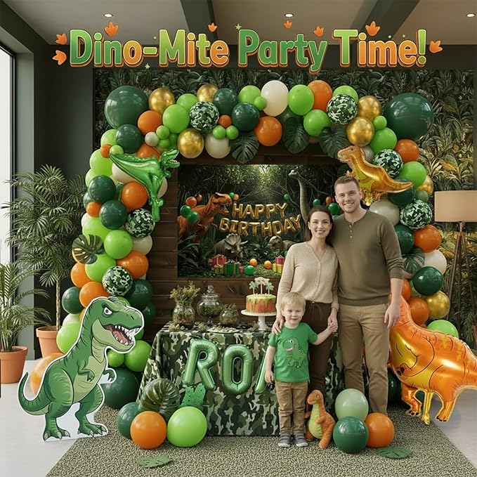 Dinosaur Birthday Decorations include Hunter Green Bunt Orange White